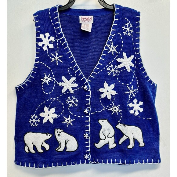 Vintage PBJ SPORT Ugly Christmas Sweater Polar Bear Snow Blue knitted Vest Sz L - Picture 1 of 9